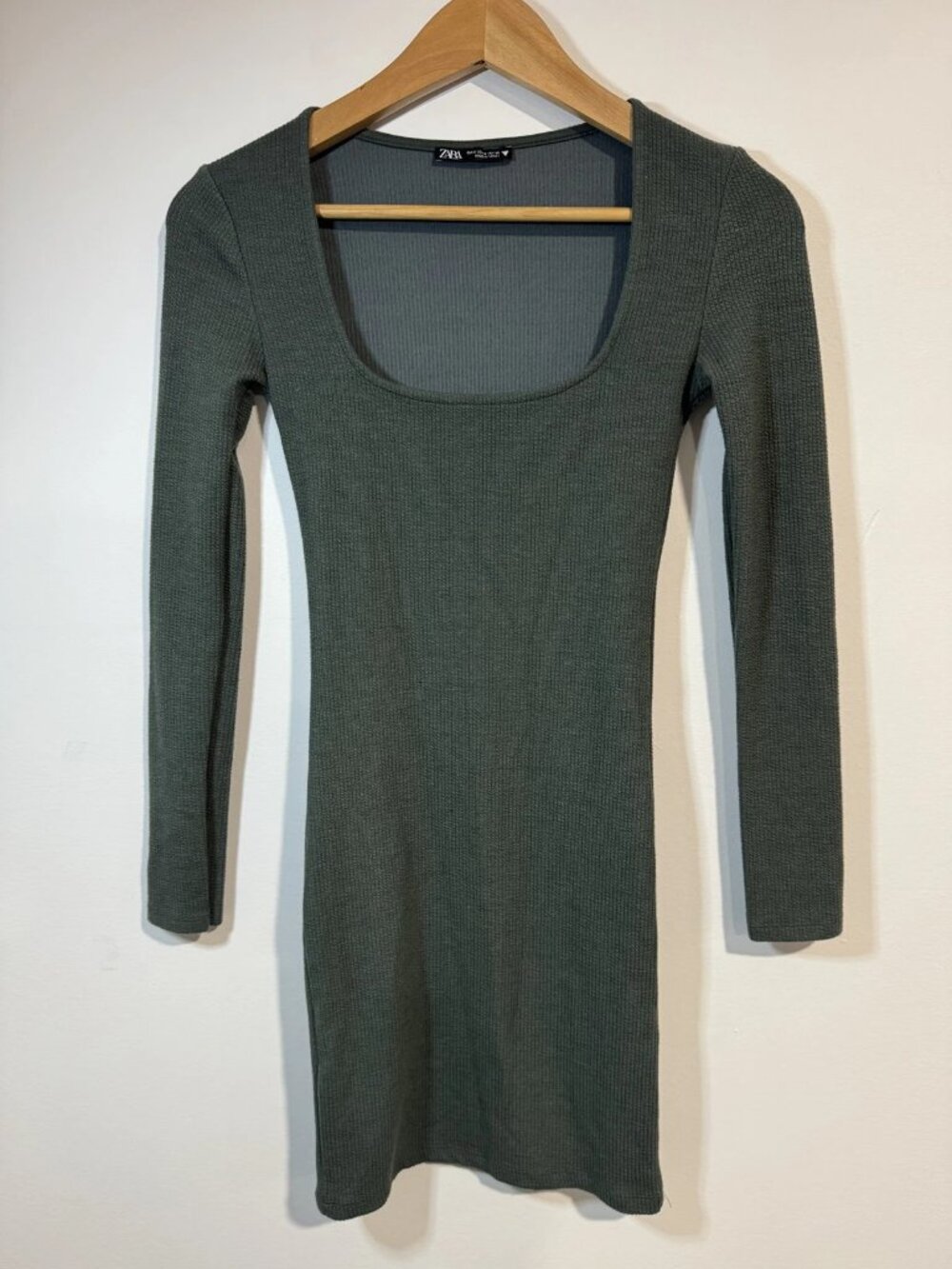 Zara Women's Dark Green Ribbed Square Neck Long Sleeve Mini Dress Sz S